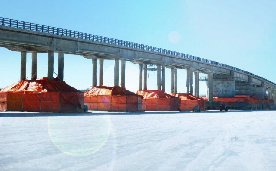 Repairs to an engineering structure on a frozen lake in Canada.